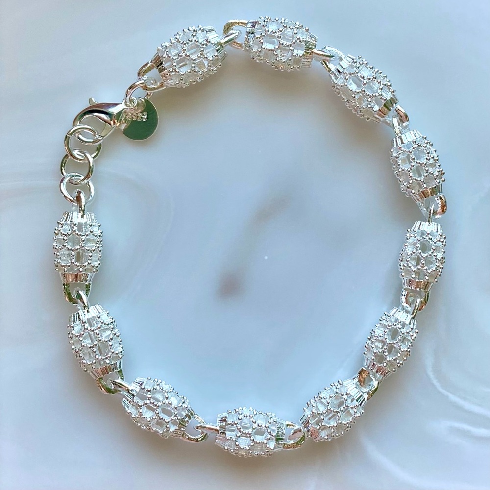 Sterling Silver Pavé Bead Link Bracelet - Silver
